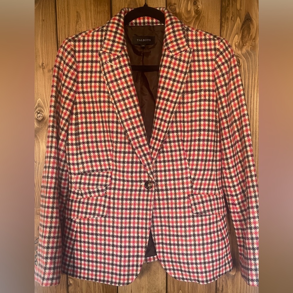 Talbots Pink Orange and Brown Plaid Blazer